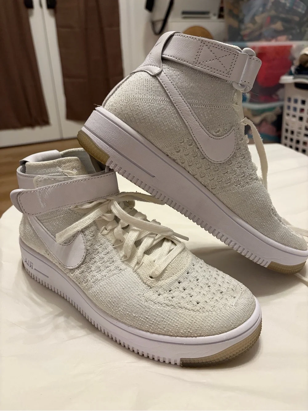 Nike Women’s High-Top Flyknit Sneakers in Off-White with Gum Sole